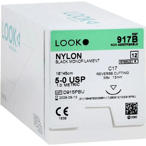 Look Nylon Suture 5-0 12mm 45cm Black - Box 12