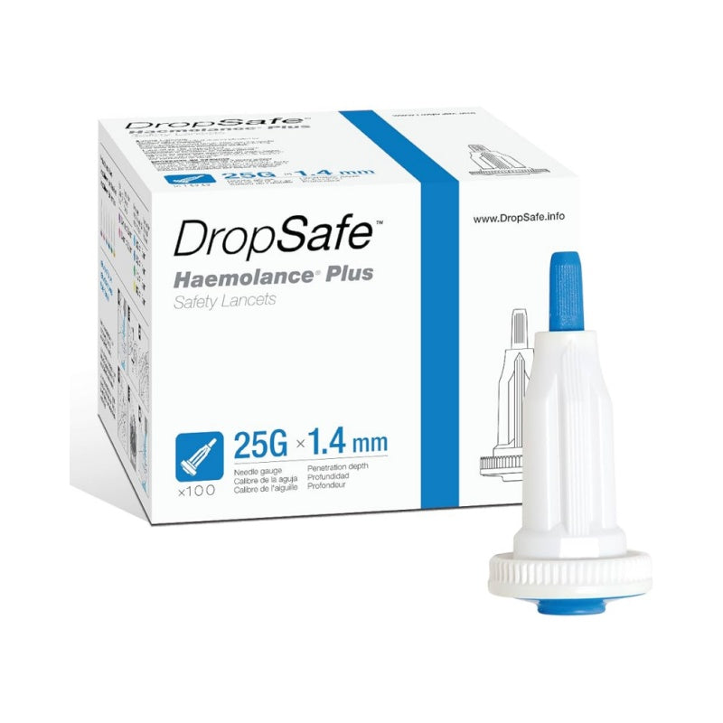 Haemolance Plus Safety Lancet 1.4mm 25G Low Flow Blue - Box 200