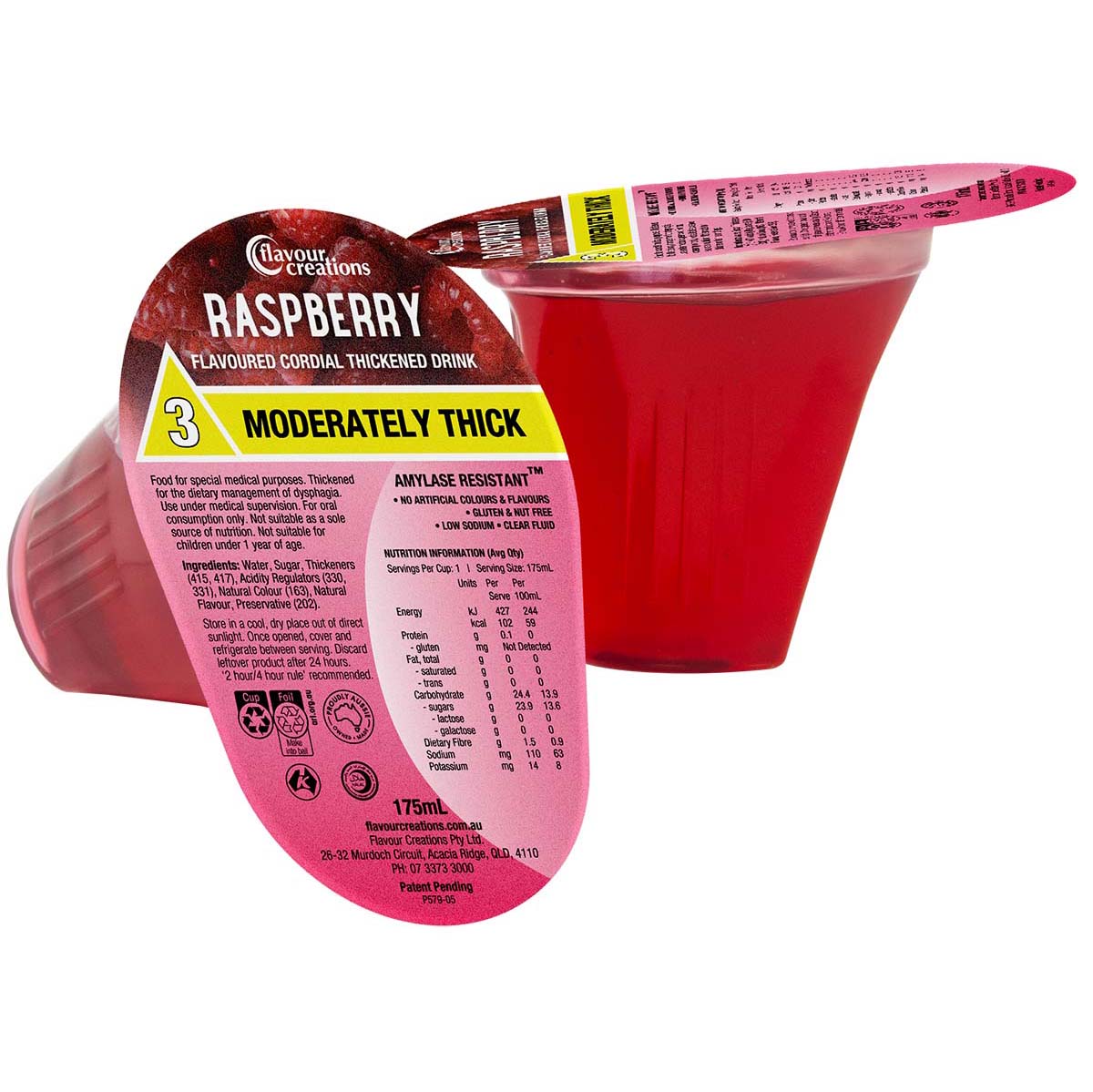 Flavour Creations Raspberry Cordial 3 Moderately Thick 175ml Dysphagia RTD - Ctn 24