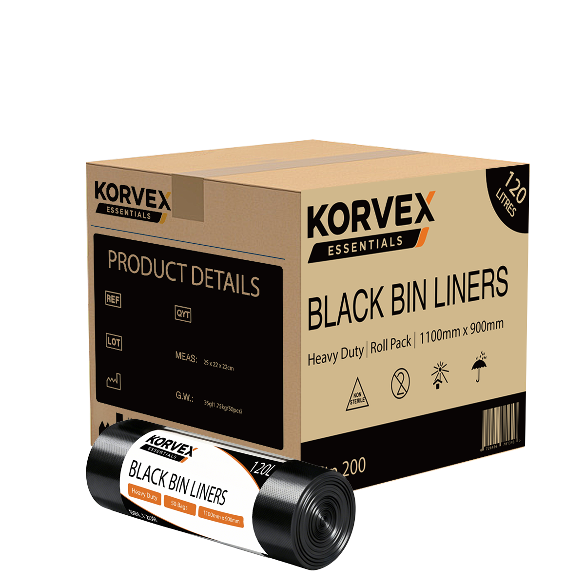 Korvex Garbage Bag 120L Black Heavy Duty Roll Pack - Ctn 200