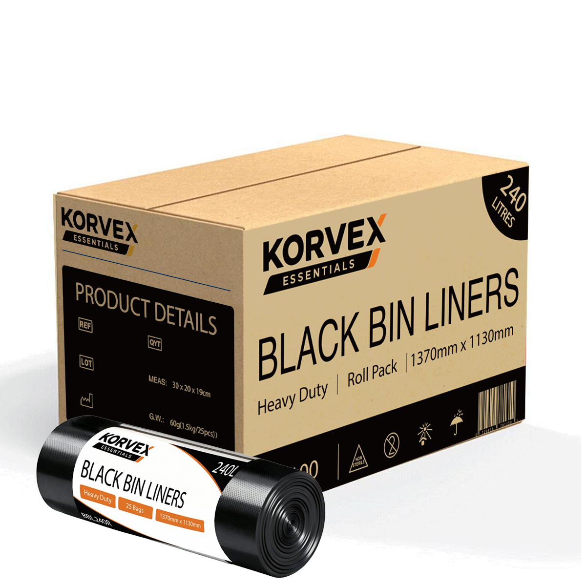 Korvex Garbage Bag 240L Black Heavy Duty Roll Pack - Ctn 100