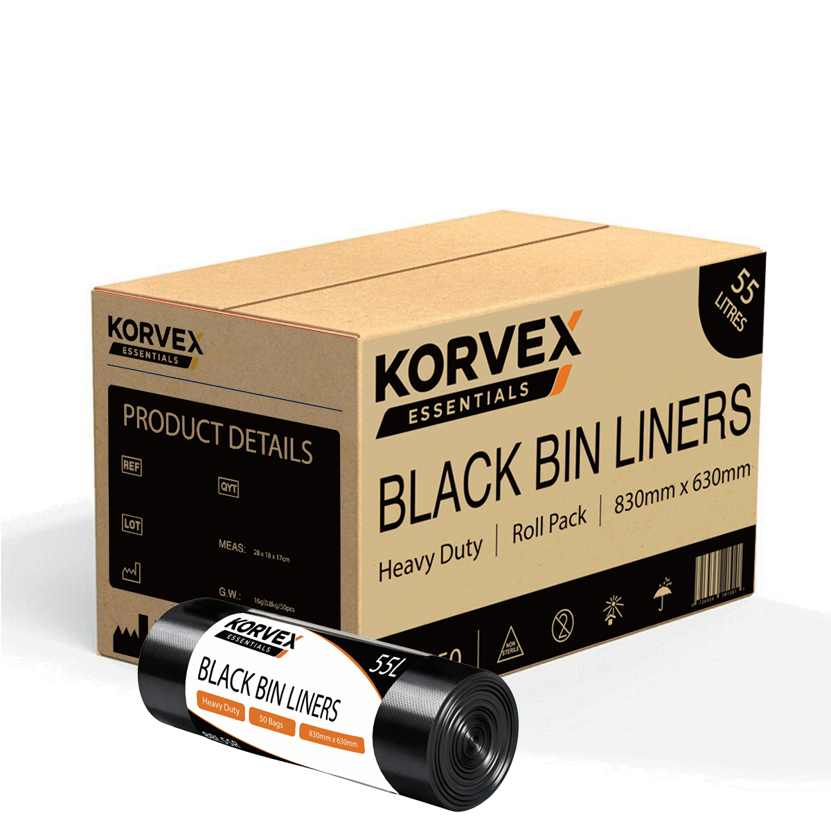 Korvex Garbage Bag 55L Black Heavy Duty Roll Pack - Ctn 300