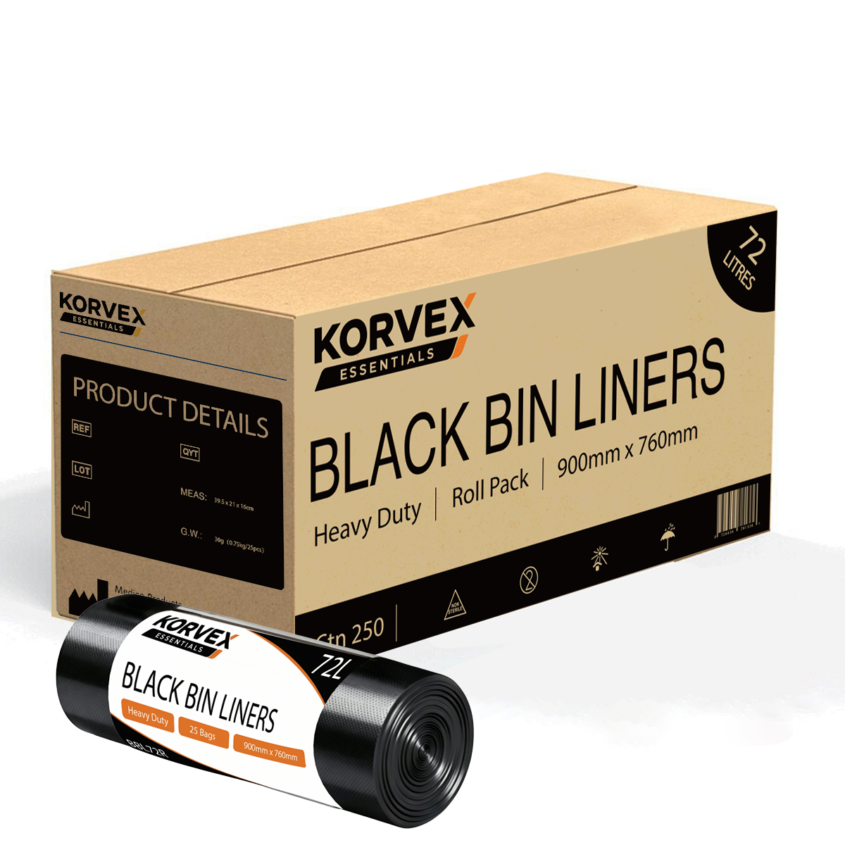 Korvex Garbage Bag 72L Black Heavy Duty Roll Pack - Ctn 250