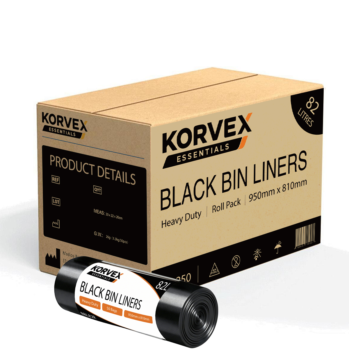 Korvex Garbage Bag 82L Black Heavy Duty Roll Pack - Ctn 300