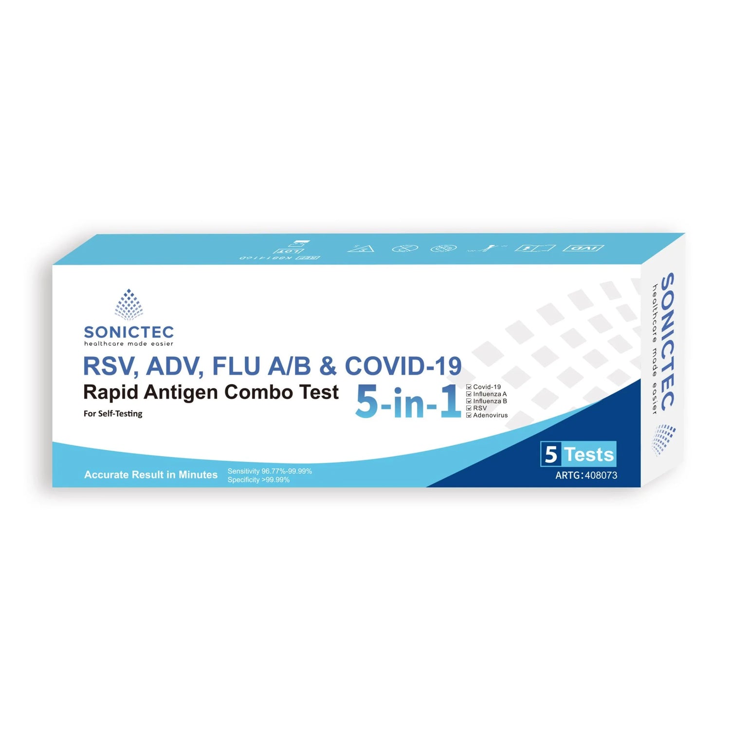 Sonictec Covid-19, ADV, RSV+Flu A&B (5in1) Nasal Antigen Rapid Test - Box 5